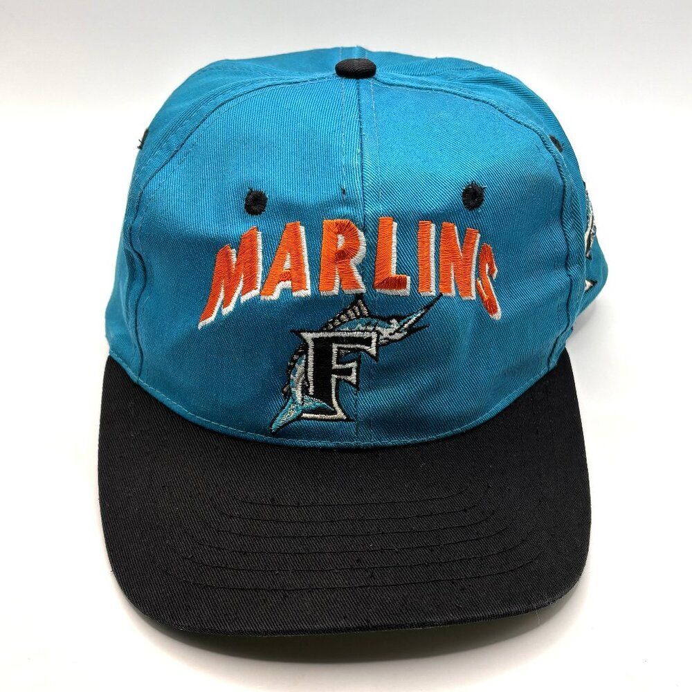 Vintage 90s Florida Marlins Hat Cap Snap Back Teal Black MLB Baseball Youth